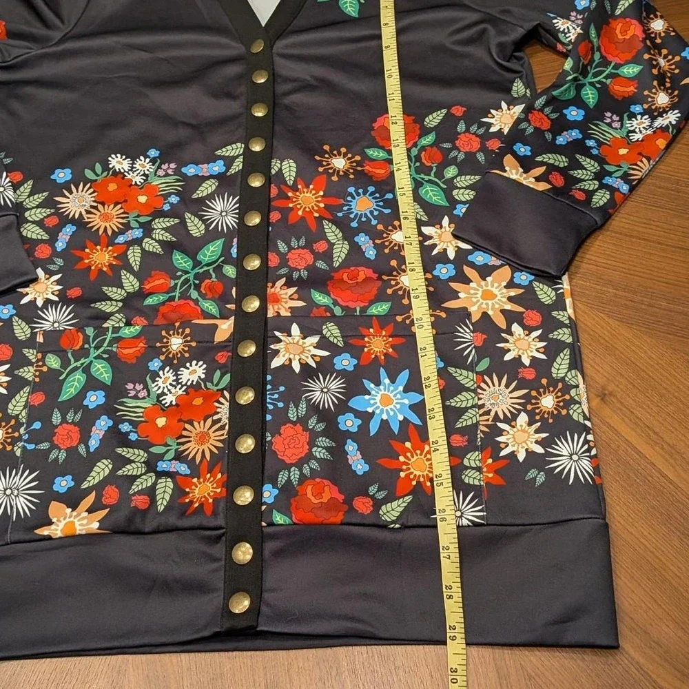 Unbranded Cardigan Women Black Multi Excellent Floral V-Neck Gold Button Pocket